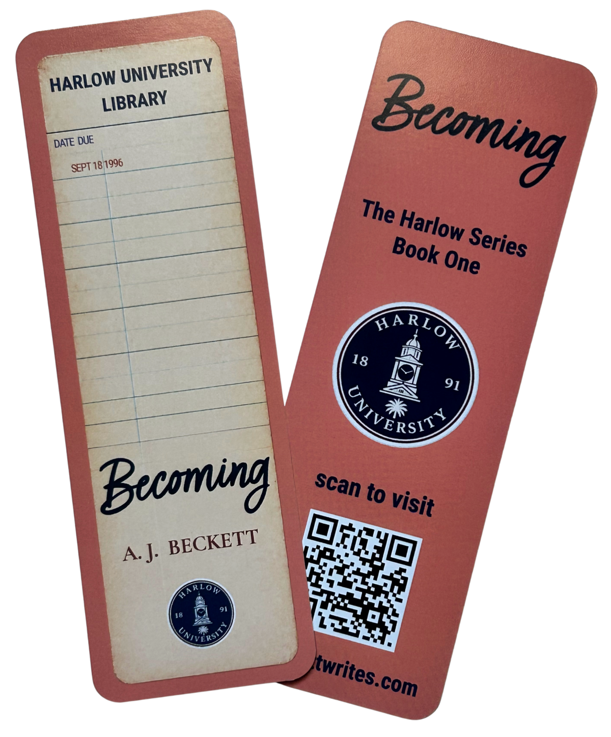Front and back of one Harlow University bookmark