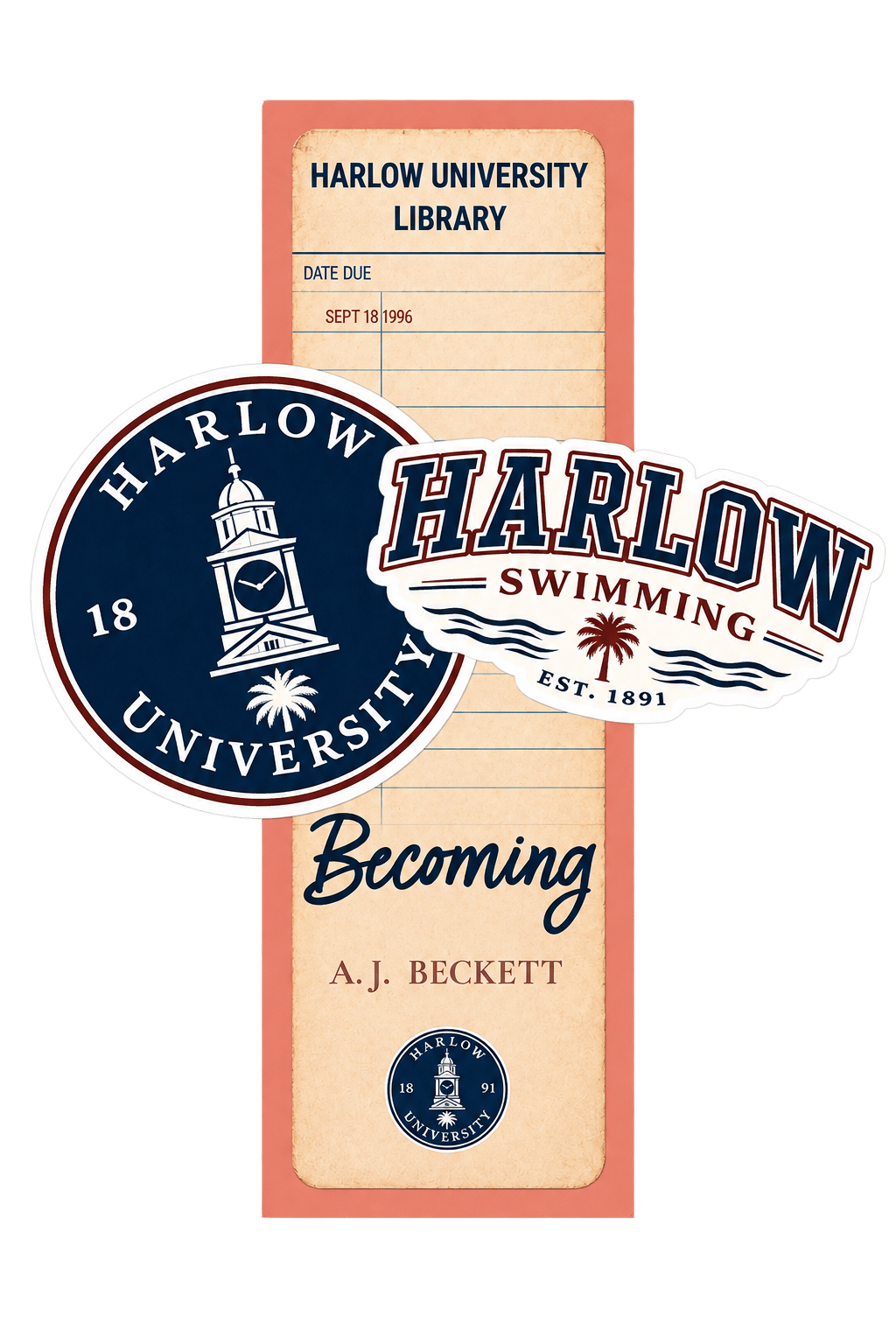 Harlow University bookmark and two possible Harlow sticker designs